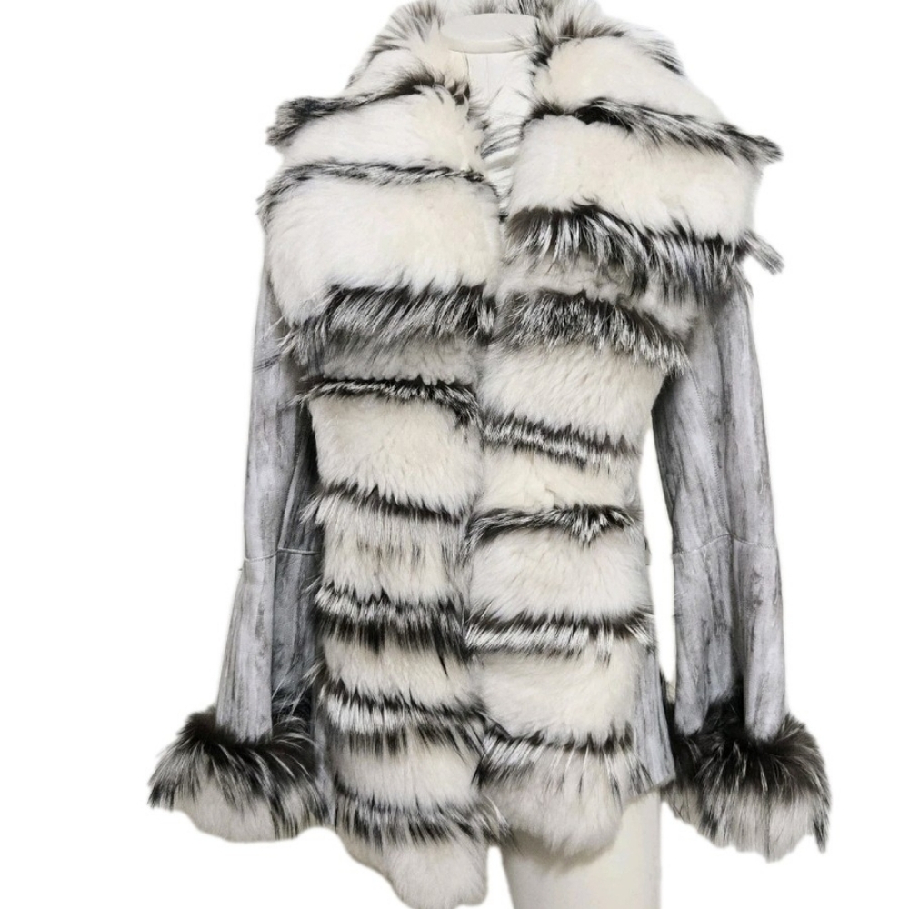 Bensio Leather & Fur Jacket Wm Sz S Hide Bell Sleeve Dress Evening Coat Cocktail